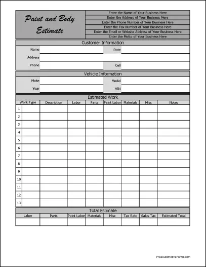 Body Work Estimate Template from freeautomotiveforms.com