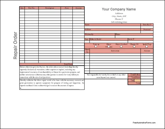 Automotive Repair Order Template from freeautomotiveforms.com